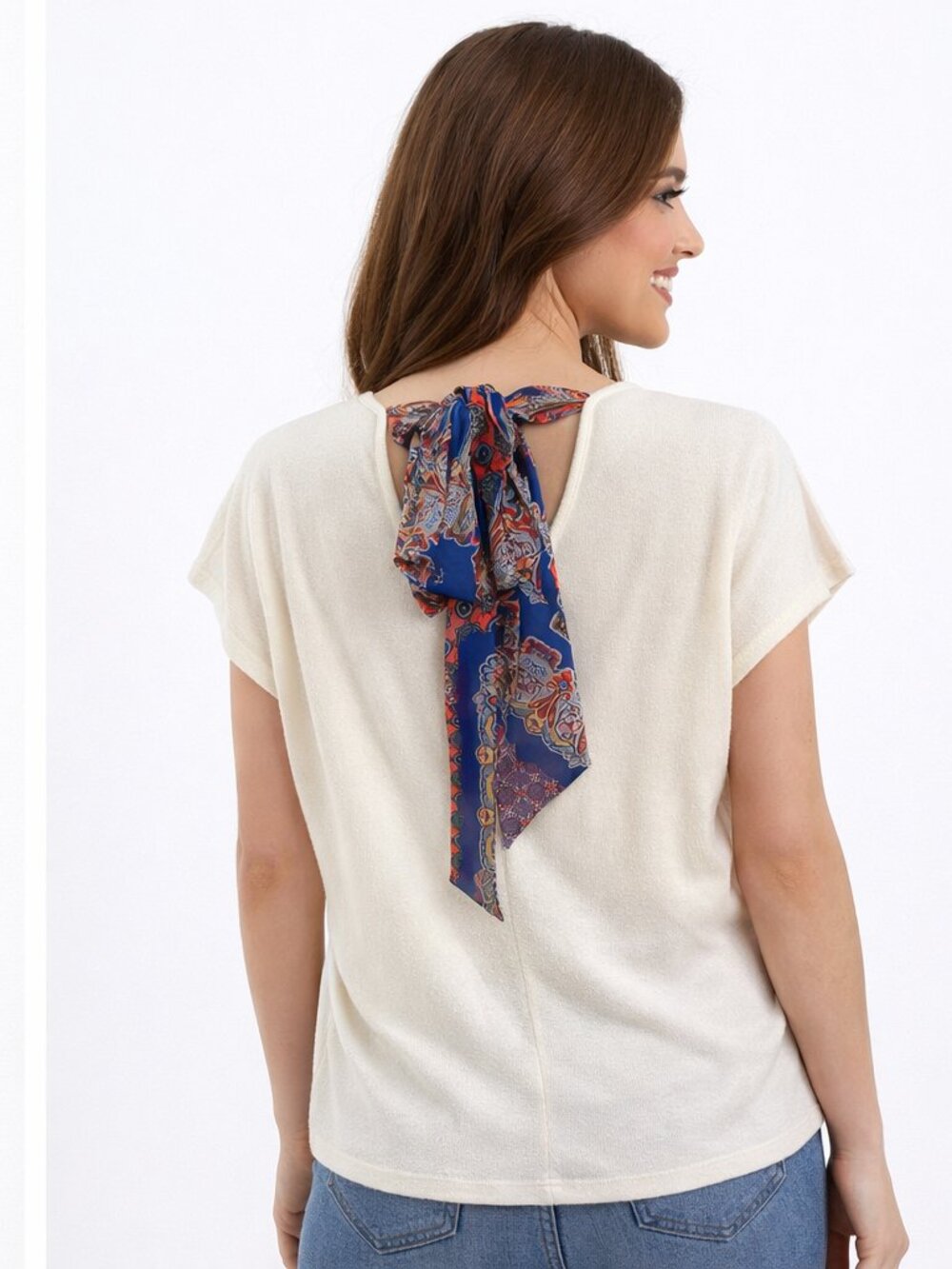 Alfa Cream Twist Front Blouse Scarf Back Paisley Detail Chic Top Size S